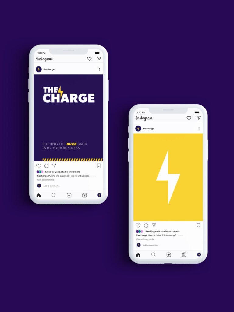 The bolt motif is a key feature for The Charge visual identity for Niki Hutchison by Yoco Studio - making these Instagram content designs really stand out.