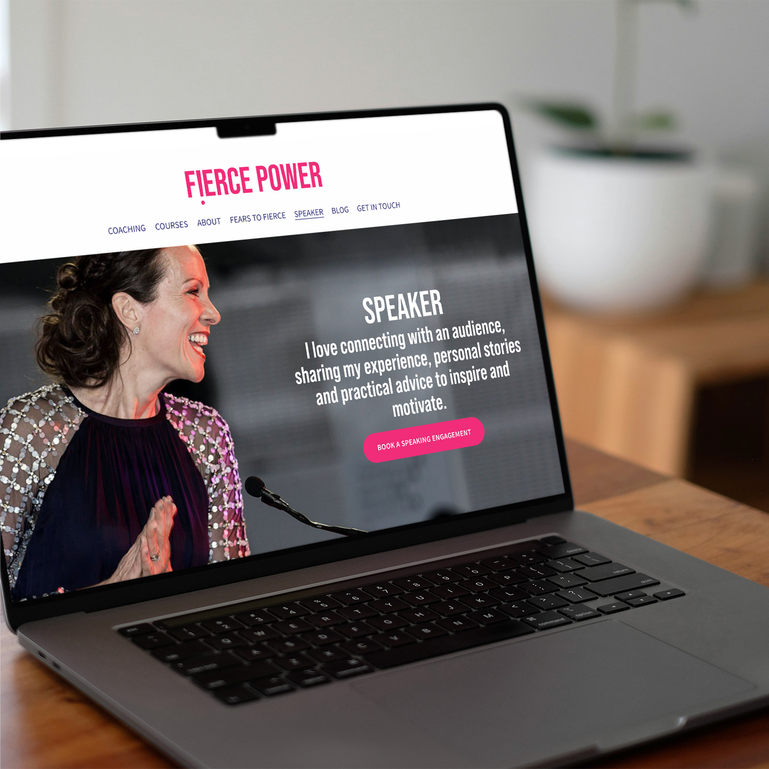 Laptop showing a web page for author and speaker, Brita Fernandez-Schmidt. Brand by Yoco Studio, Squarespace website designed and built by Dmarzdesigns.