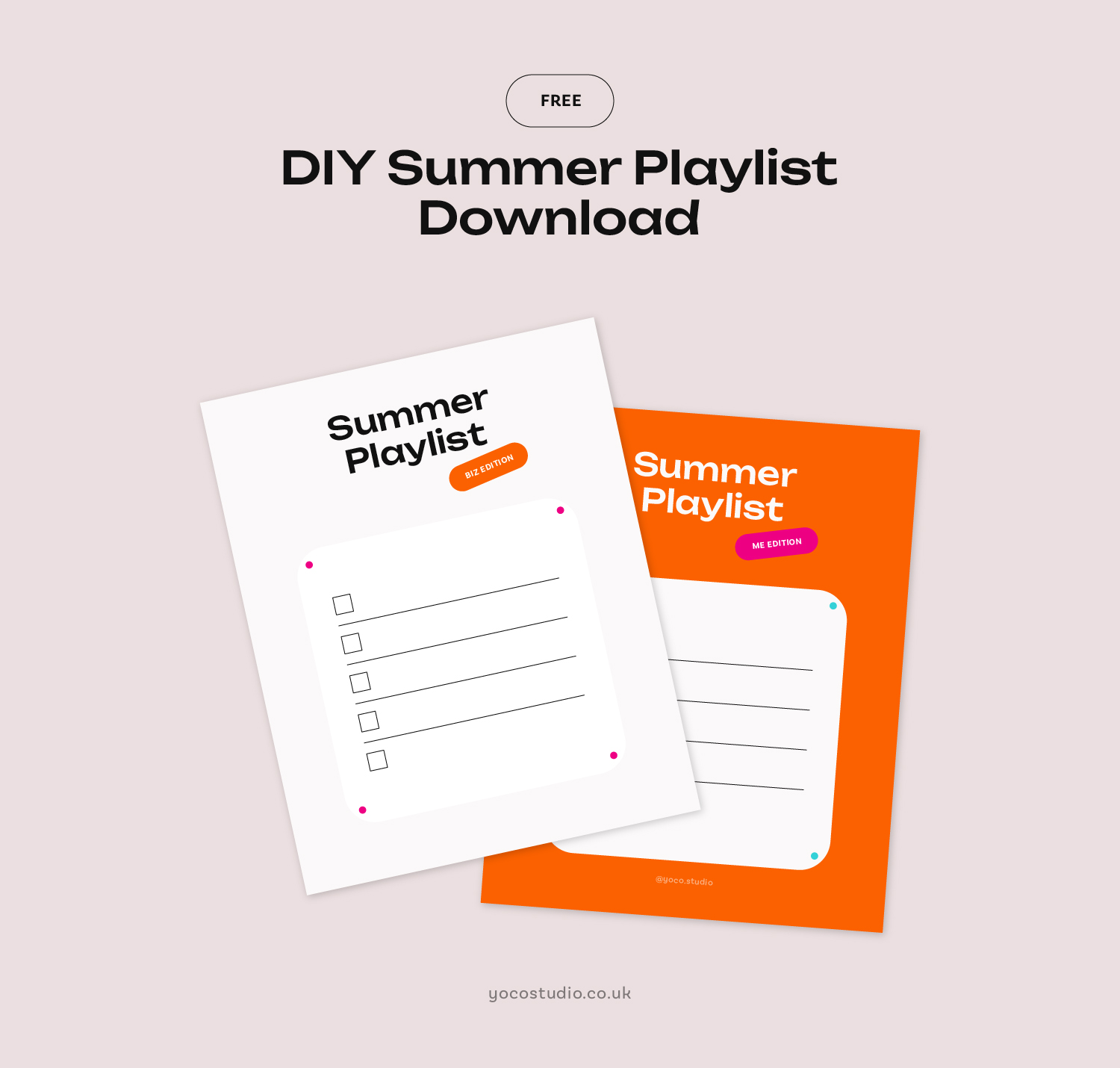 Graphic promoting the free pdf or Canva download of a blank DIY Summer Playlist, created by Yoco Studio.