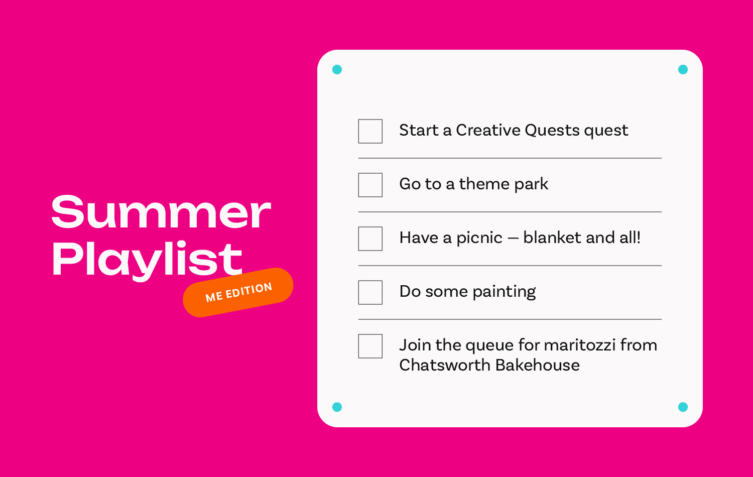 A to-do list on a pink background showing Yoco Studio's Summer Playlist: Me Edition.